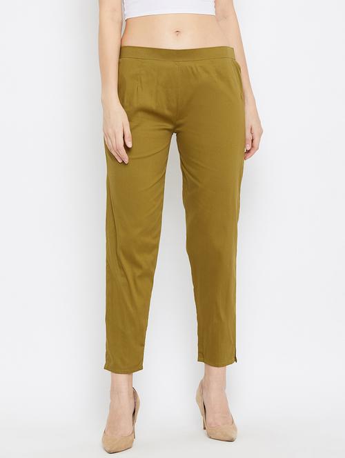 olive solid cigarette pants trouser - 18249509 - Standard Image - 0