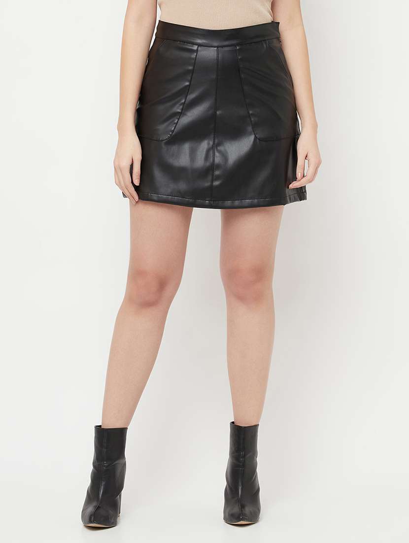 mid rise  faux leather a-line skirt