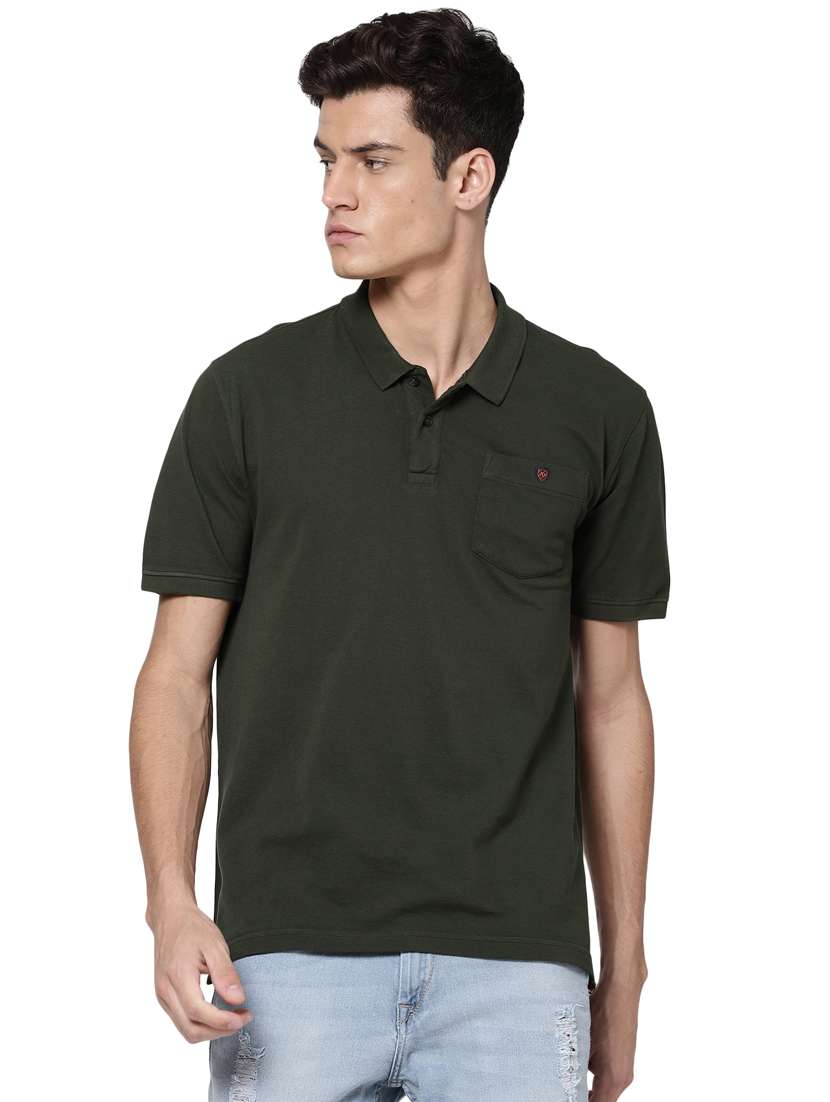 olive green solid polo t-shirt - 18250337 -  Zoom Image - 0