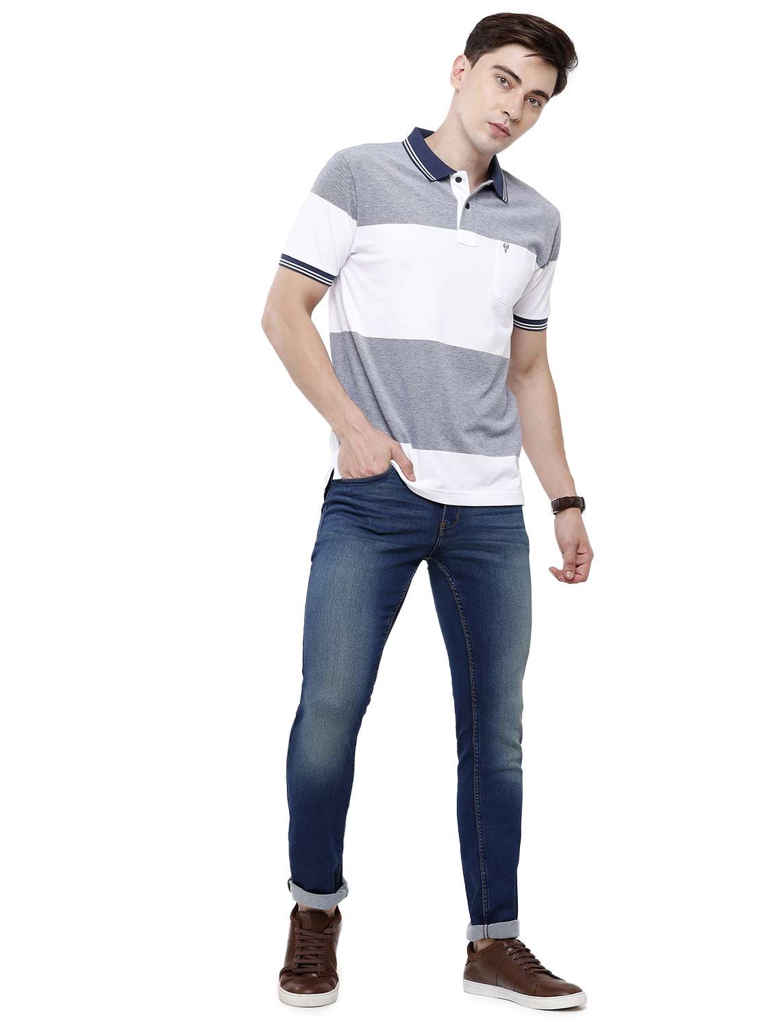 blue striped polo t-shirt  - 18250432 -  Standard Image - 3