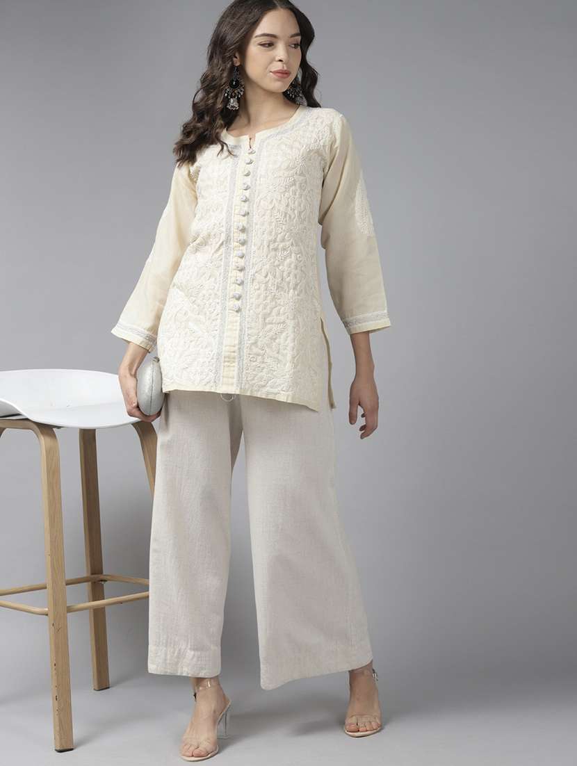 beige cotton lucknow chikankari kurti 	 - 18253607 -  Standard Image - 3