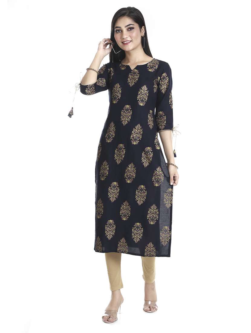 navy printed straight kurta - 18254365 - Zoom Image - 0