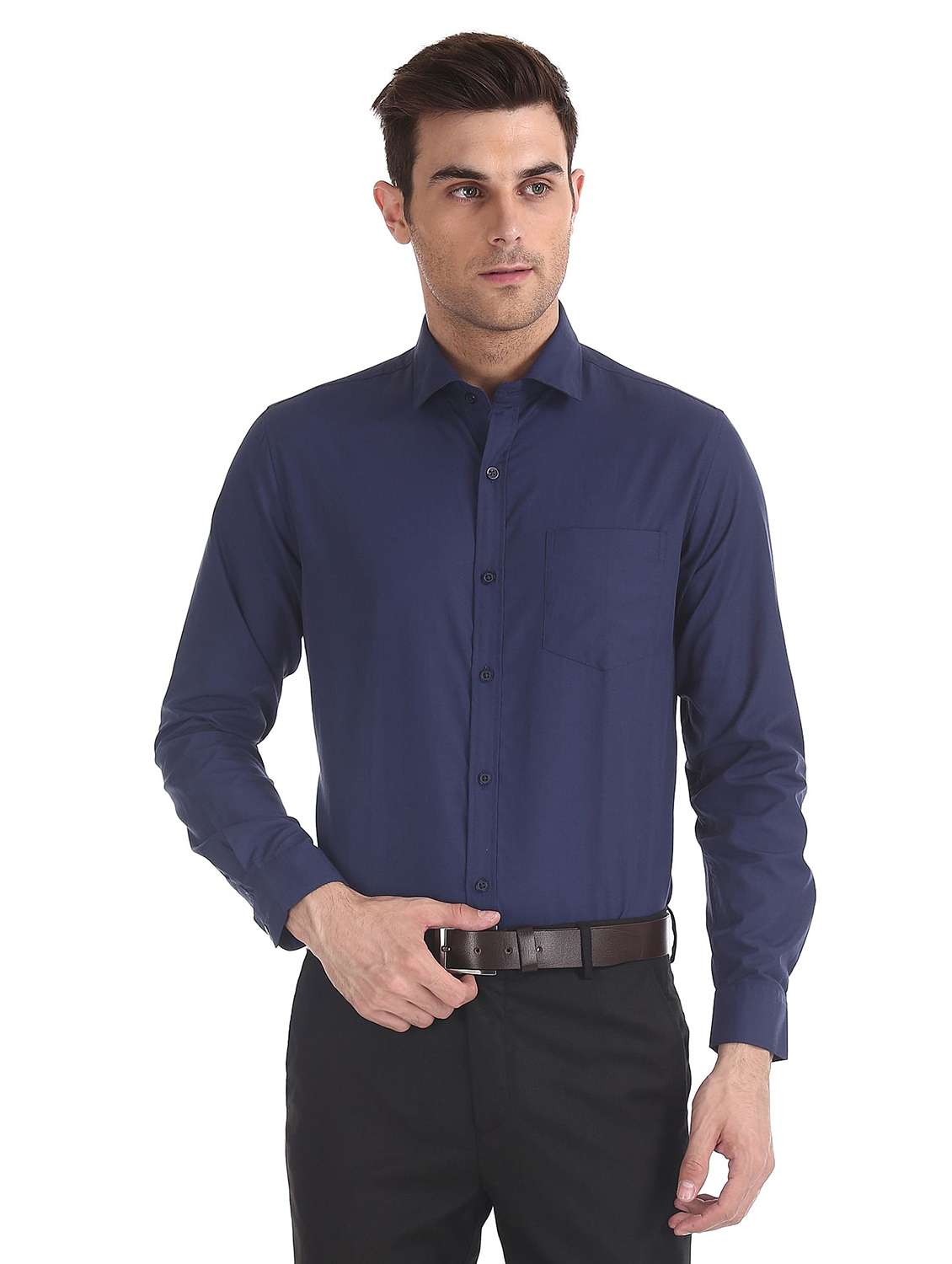 navy-blue solid formal shirt - 18256132 - Zoom Image - 0