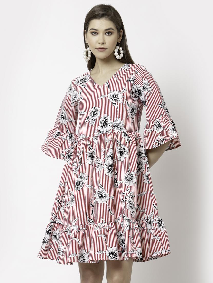 bell sleeved printed fit & flare dress - 18259565 - Zoom Image - 0