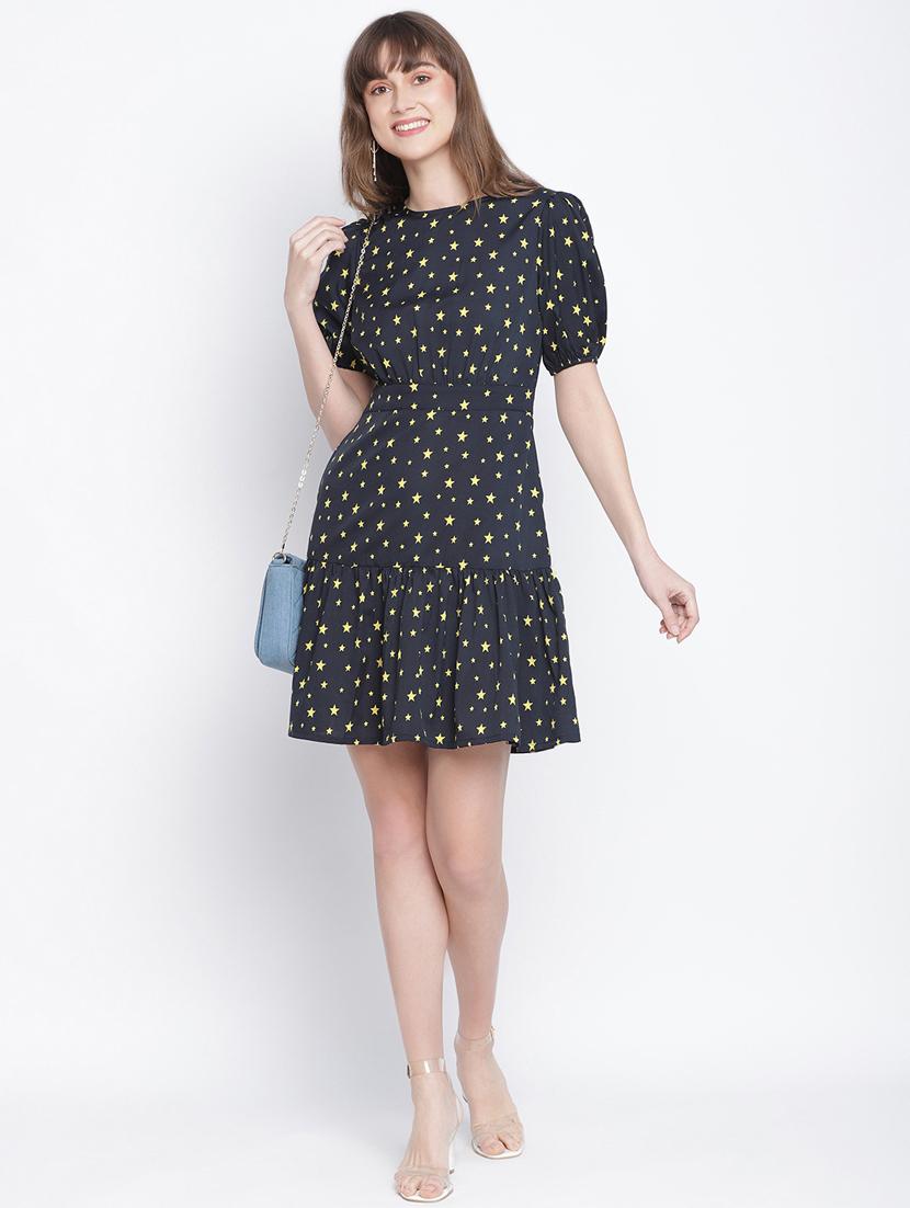 puff sleeved printed a-line dress - 18259578 - Standard Image - 3