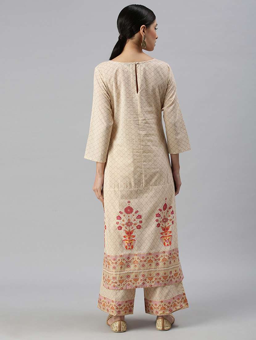women cream printed kurta palazzo set  - 18260899 -  Standard Image - 3