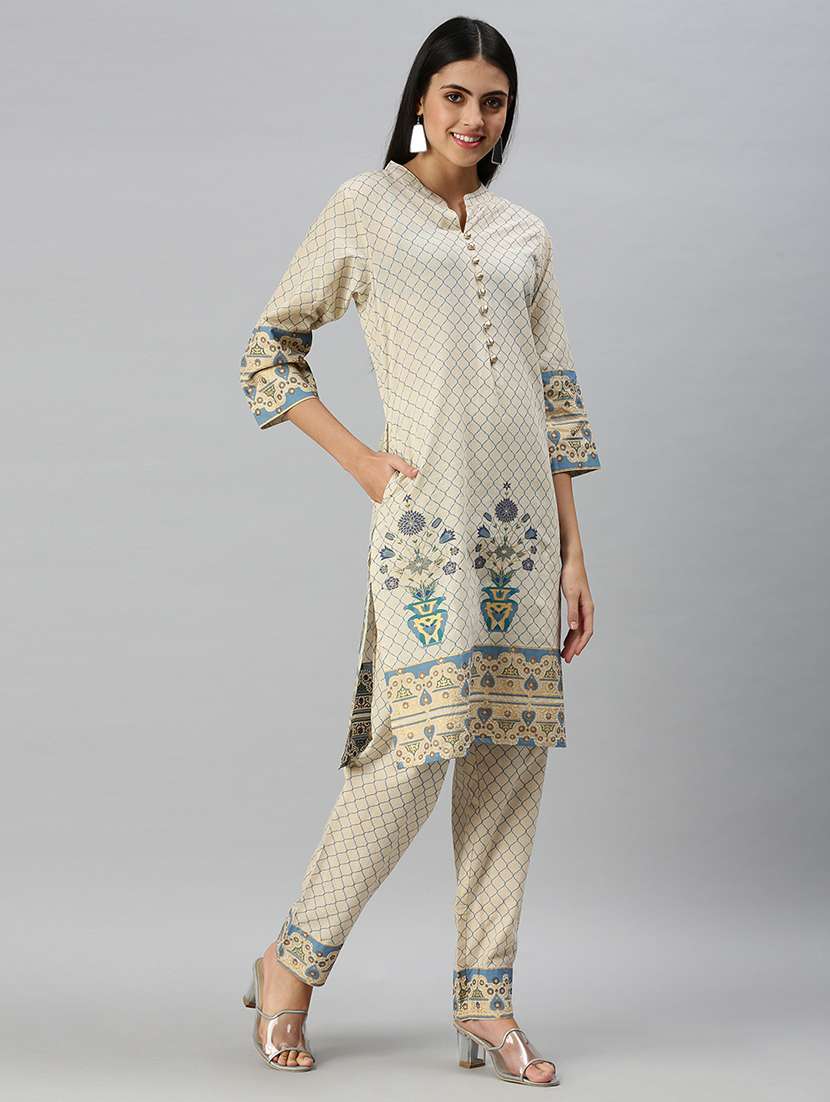 women cream printed mandarin neck kurta pant set - 18260901 -  Standard Image - 3