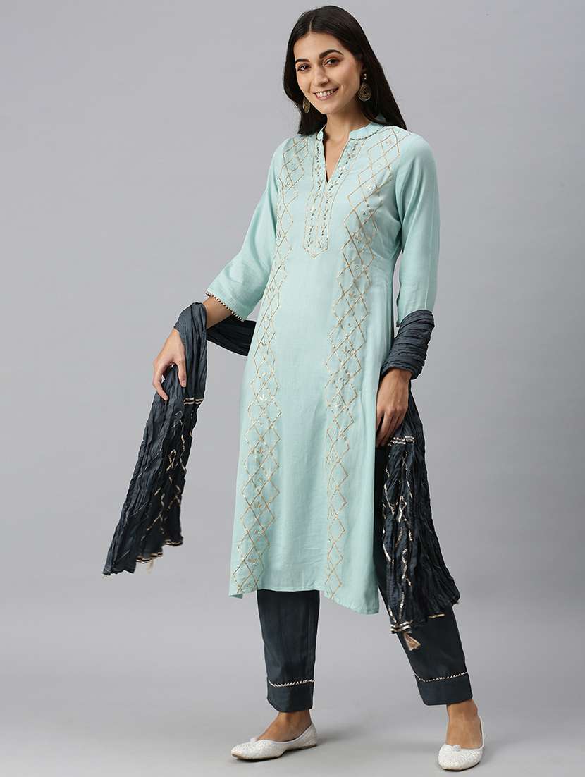 women gota work mandarin neck kurta pant set with dupatta
