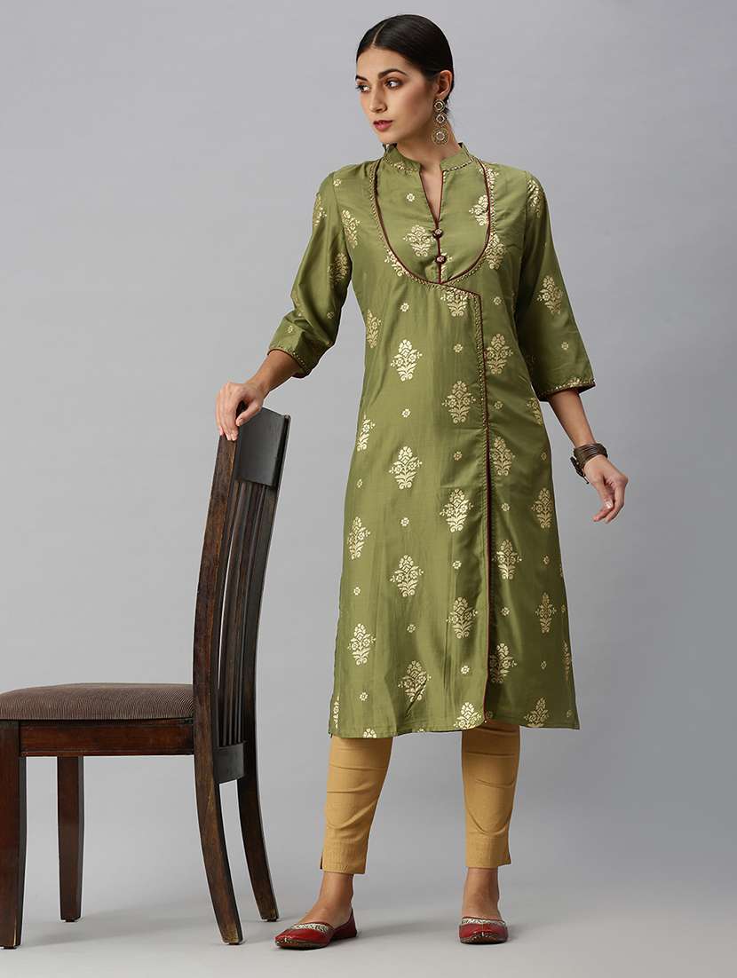 women olive foil print kurta pant set - 18260959 -  Standard Image - 3