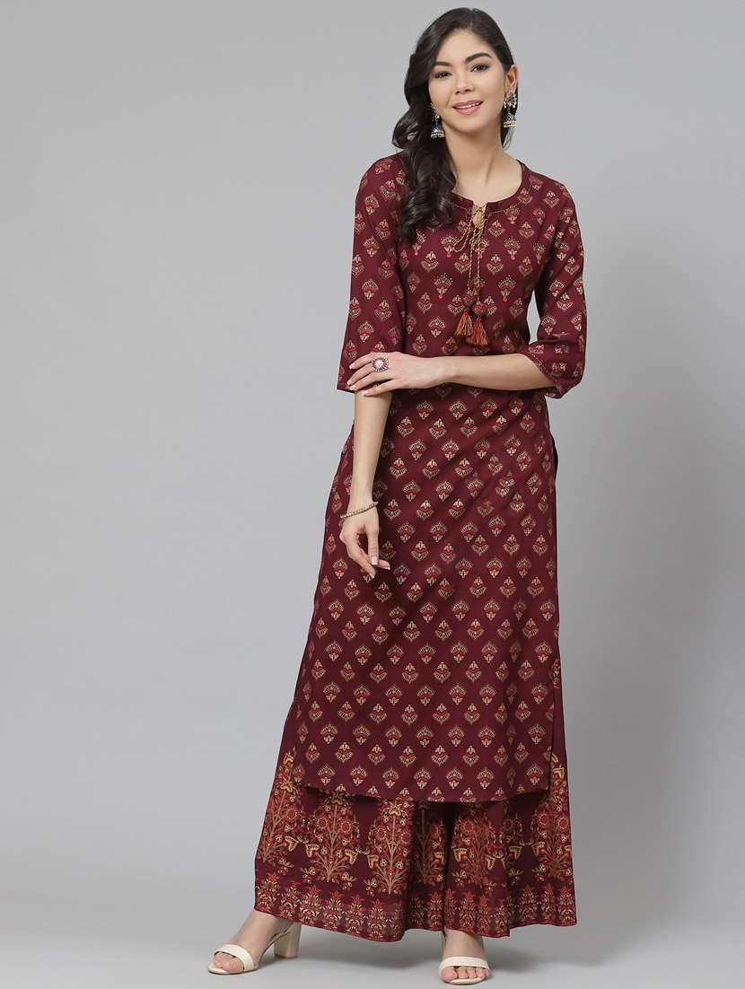 red rayon kurta palazzo set - 18261082 - Zoom Image - 0