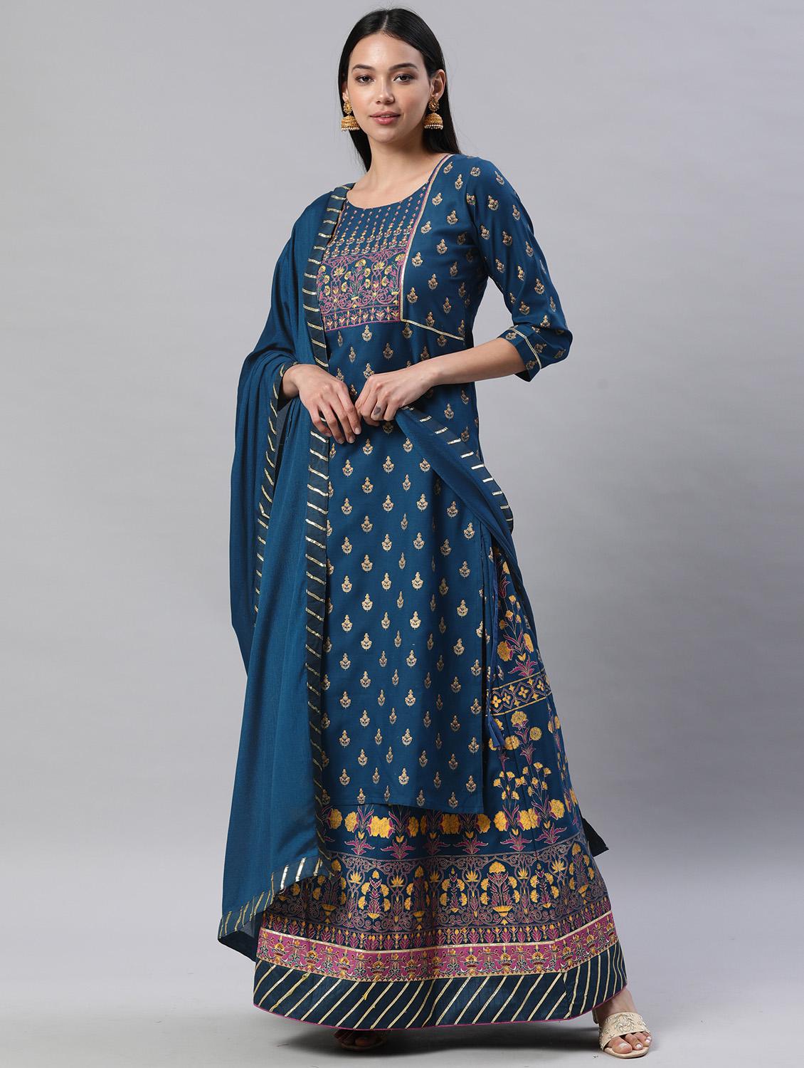 teal rayon kurta skirt  set - 18261454 -  Zoom Image - 0