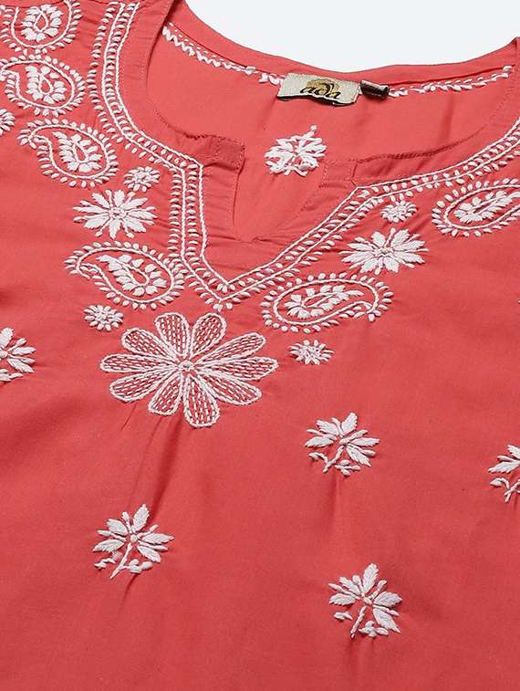 ada hand embroidered coral red cotton lucknow chikankari kurta - 18263359 -  Standard Image - 3
