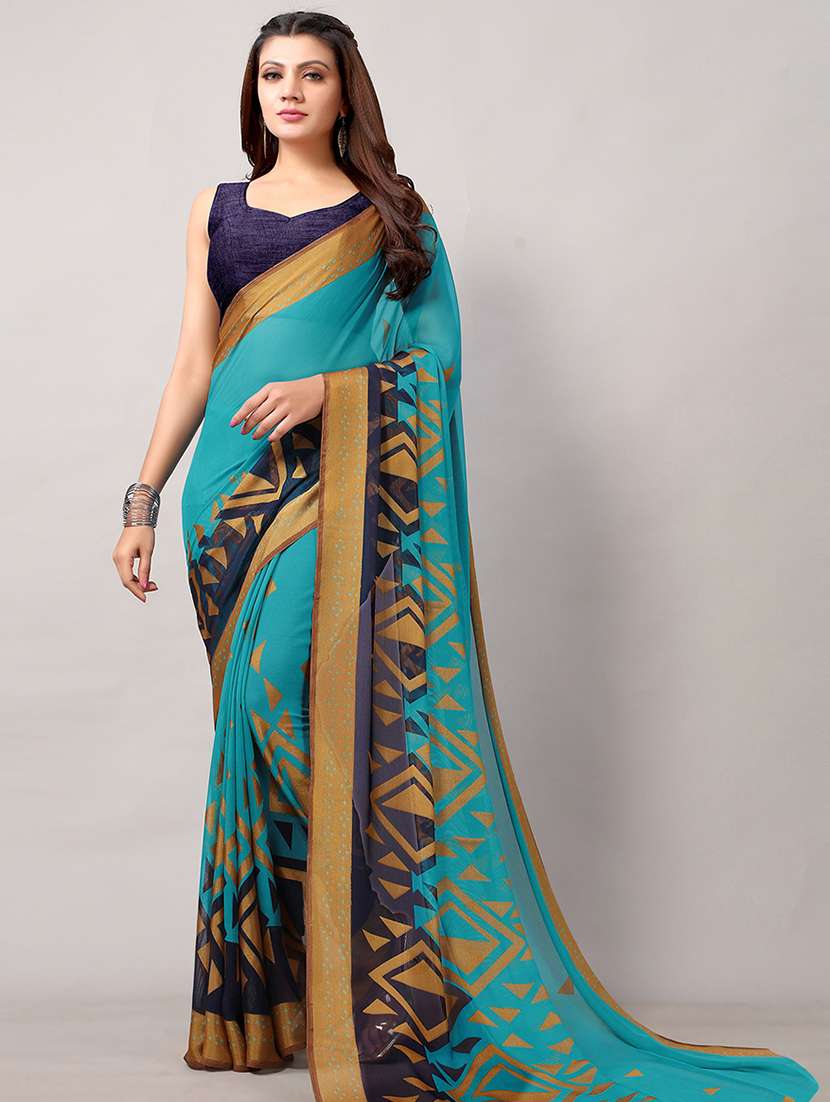 blue chiffon printed saree with blouse - 18264068 - Zoom Image - 0
