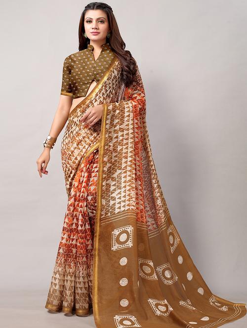 orange cotton blend printed saree with blouse - 18264075 - Standard Image - 0