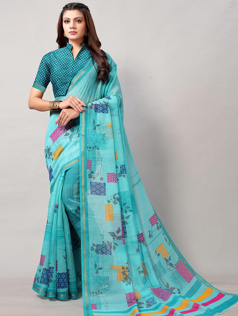 blue cotton blend printed saree with blouse - 18264077 -  Zoom Image - 0