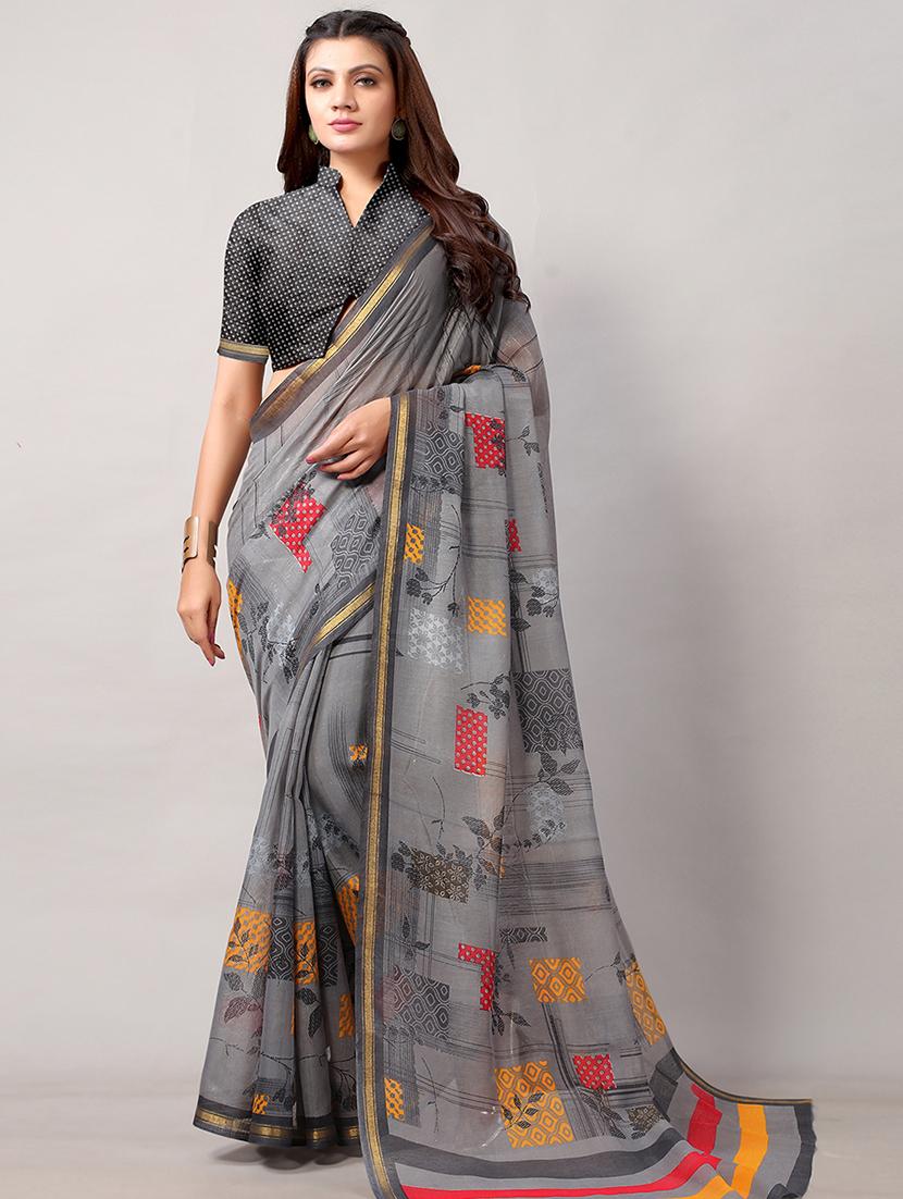 grey cotton blend printed saree with blouse - 18264078 -  Zoom Image - 0