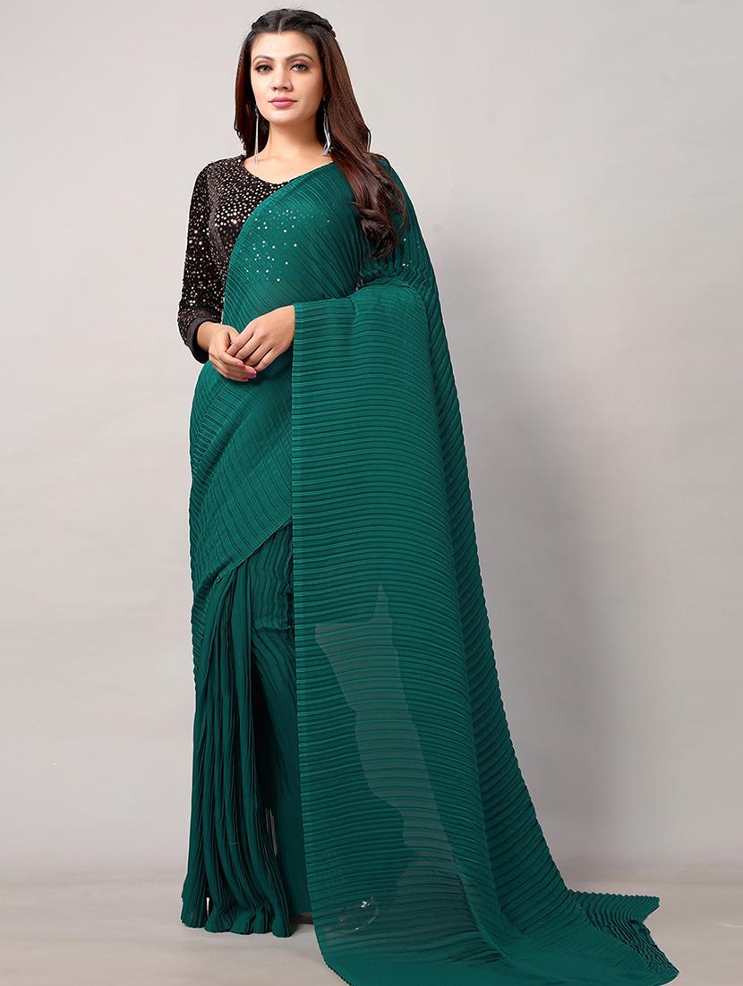 green silk blend plain saree with blouse - 18264080 - Zoom Image - 0