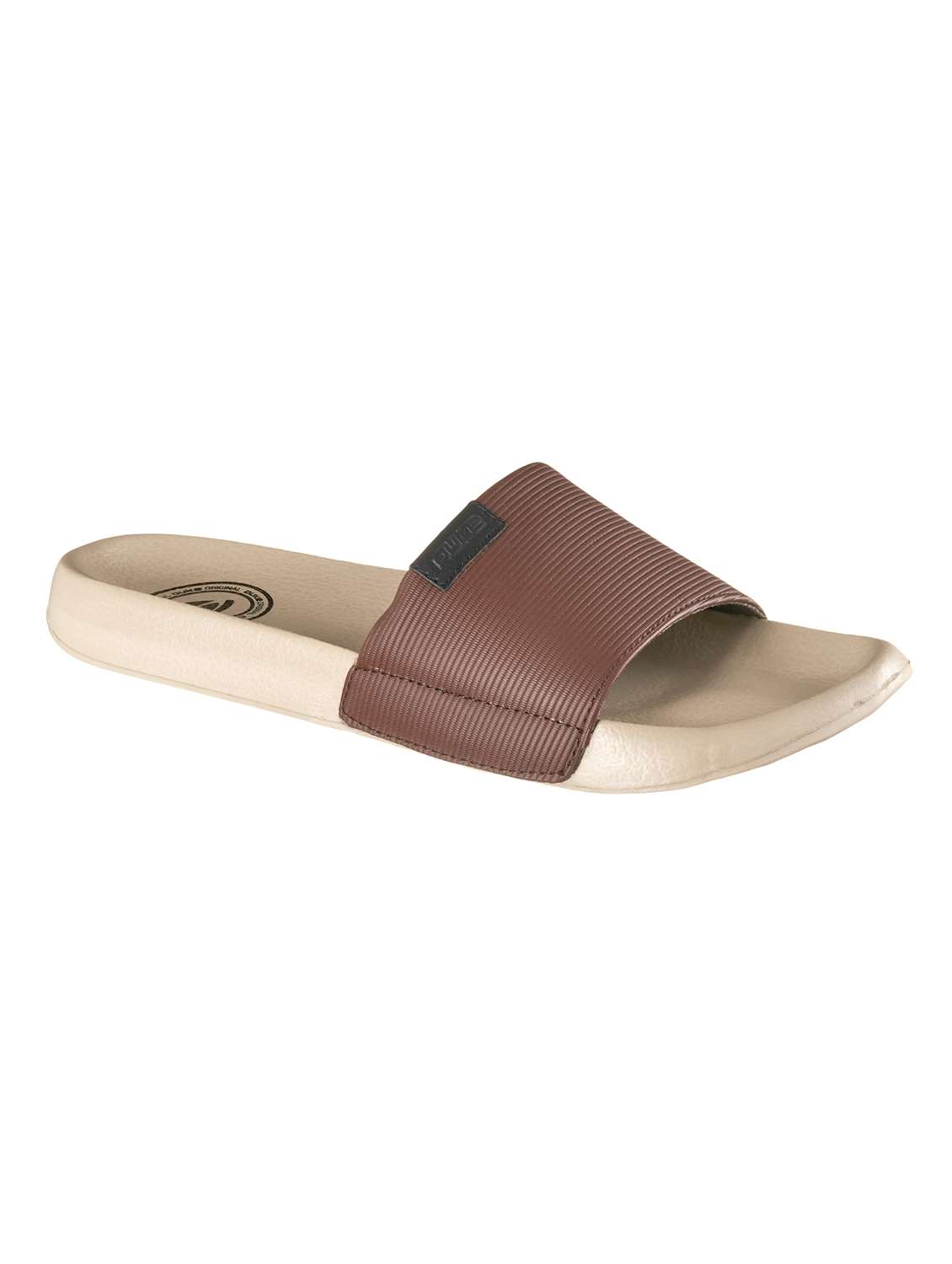 brown synthetic & mesh slip on flip flops
