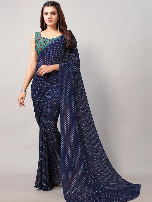 navy georgette printed saree with blouse - 18264286 -  Standard Image - 0