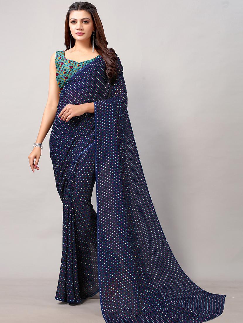 navy georgette printed saree with blouse - 18264286 -  Zoom Image - 0