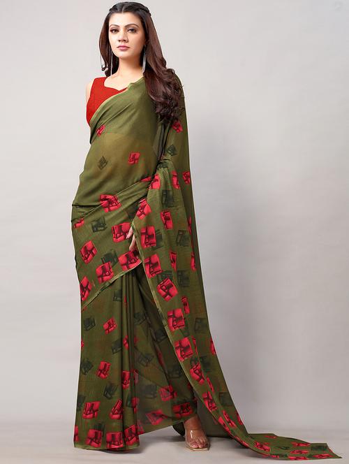 green georgette printed saree with blouse - 18264288 -  Standard Image - 0