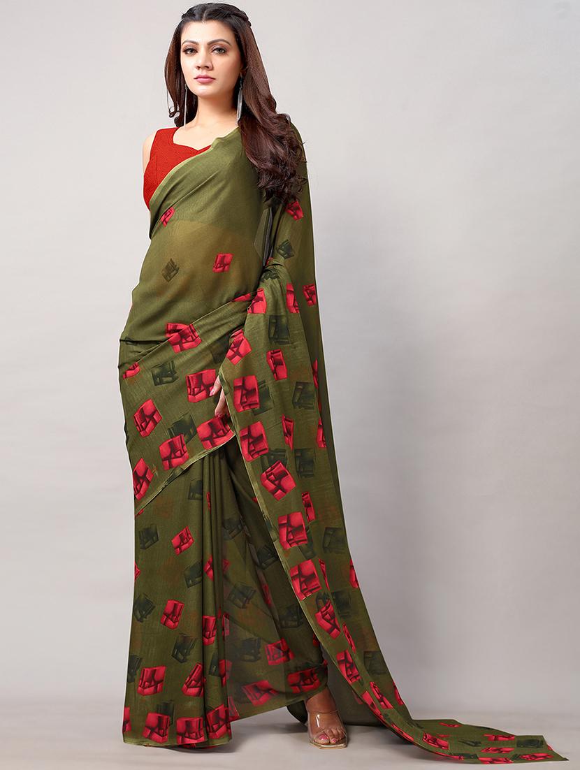 green georgette printed saree with blouse - 18264288 -  Zoom Image - 0