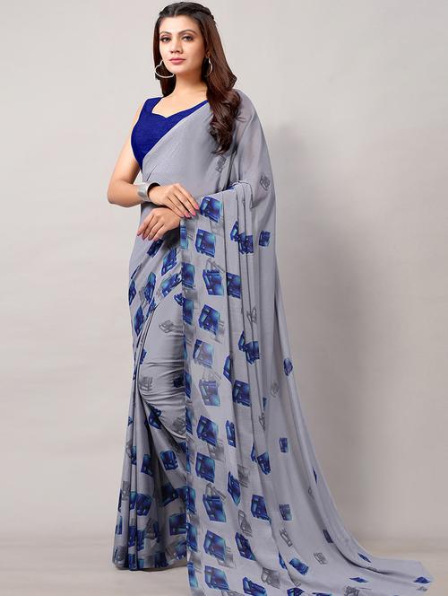 grey georgette printed saree with blouse - 18264289 -  Standard Image - 0
