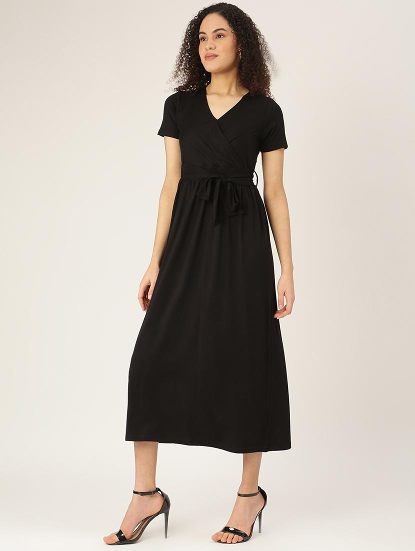 overlap neck solid a-line dress - 18266212 -  Zoom Image - 0