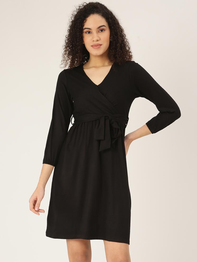 overlap neck solid a-line dress - 18266242 - Zoom Image - 0
