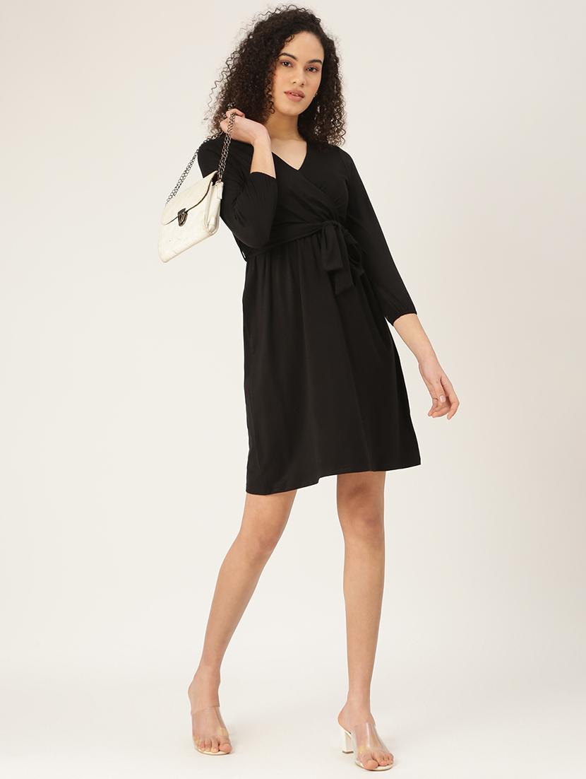 overlap neck solid a-line dress - 18266242 - Standard Image - 3