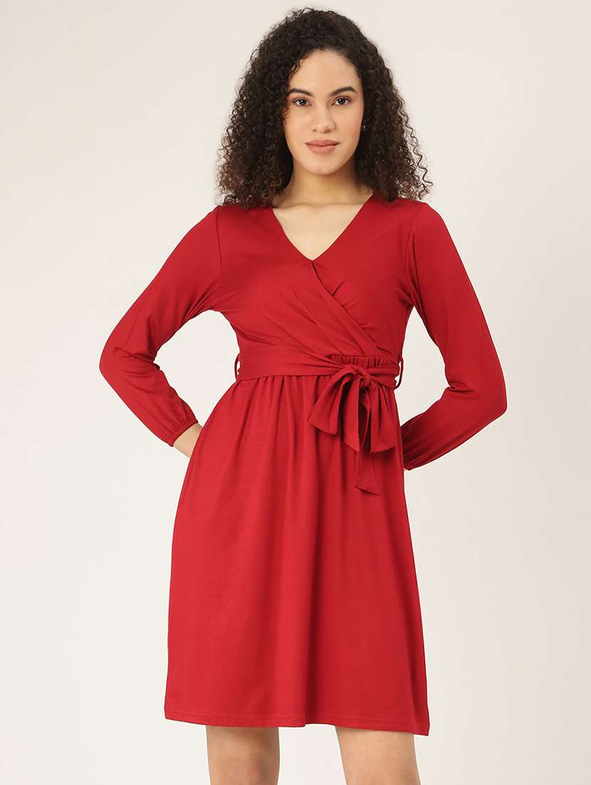 overlap neck solid a-line dress - 18266248 - Zoom Image - 0