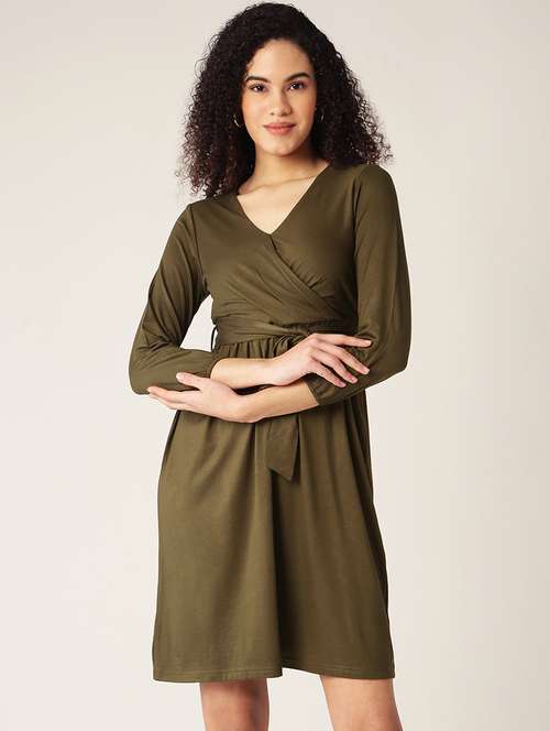 overlap neck solid a-line dress - 18266254 - Standard Image - 0
