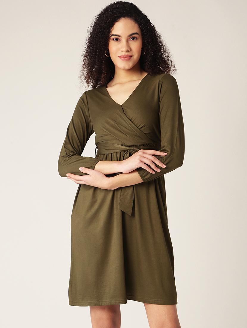 overlap neck solid a-line dress - 18266254 - Zoom Image - 0