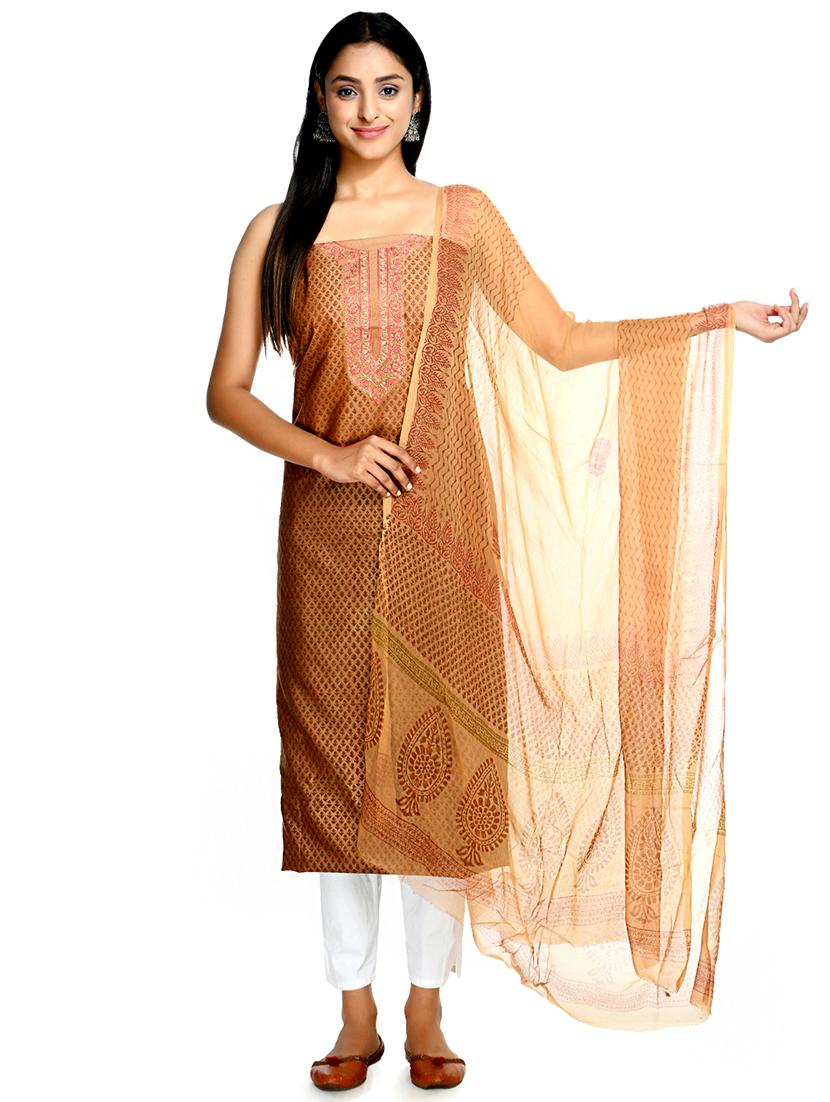 brown cotton blend unstitched suit - 18269380 - Zoom Image - 0