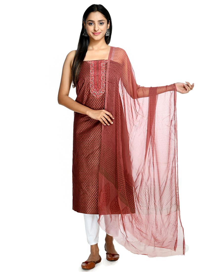 red cotton blend unstitched suit - 18269382 -  Zoom Image - 0