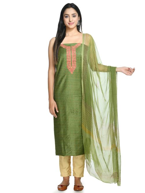 green cotton blend unstitched suit - 18269383 -  Standard Image - 0