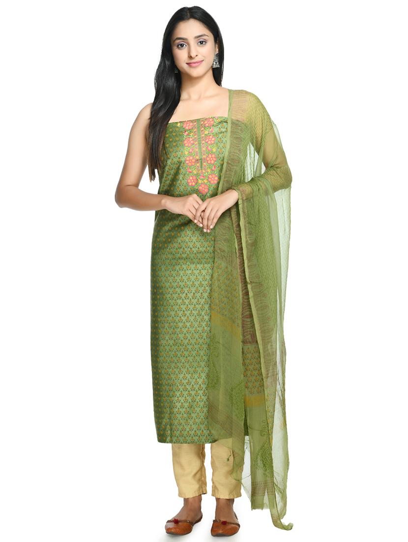 green cotton blend unstitched suit - 18269387 -  Zoom Image - 0