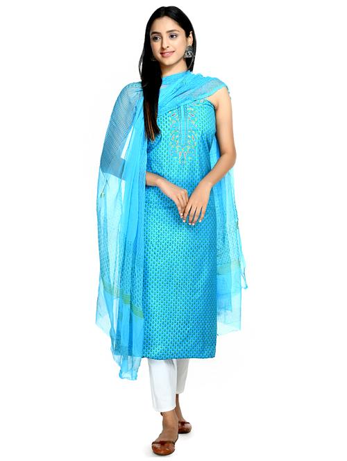 turquoise printed unstitched suit set - 18269392 -  Standard Image - 0