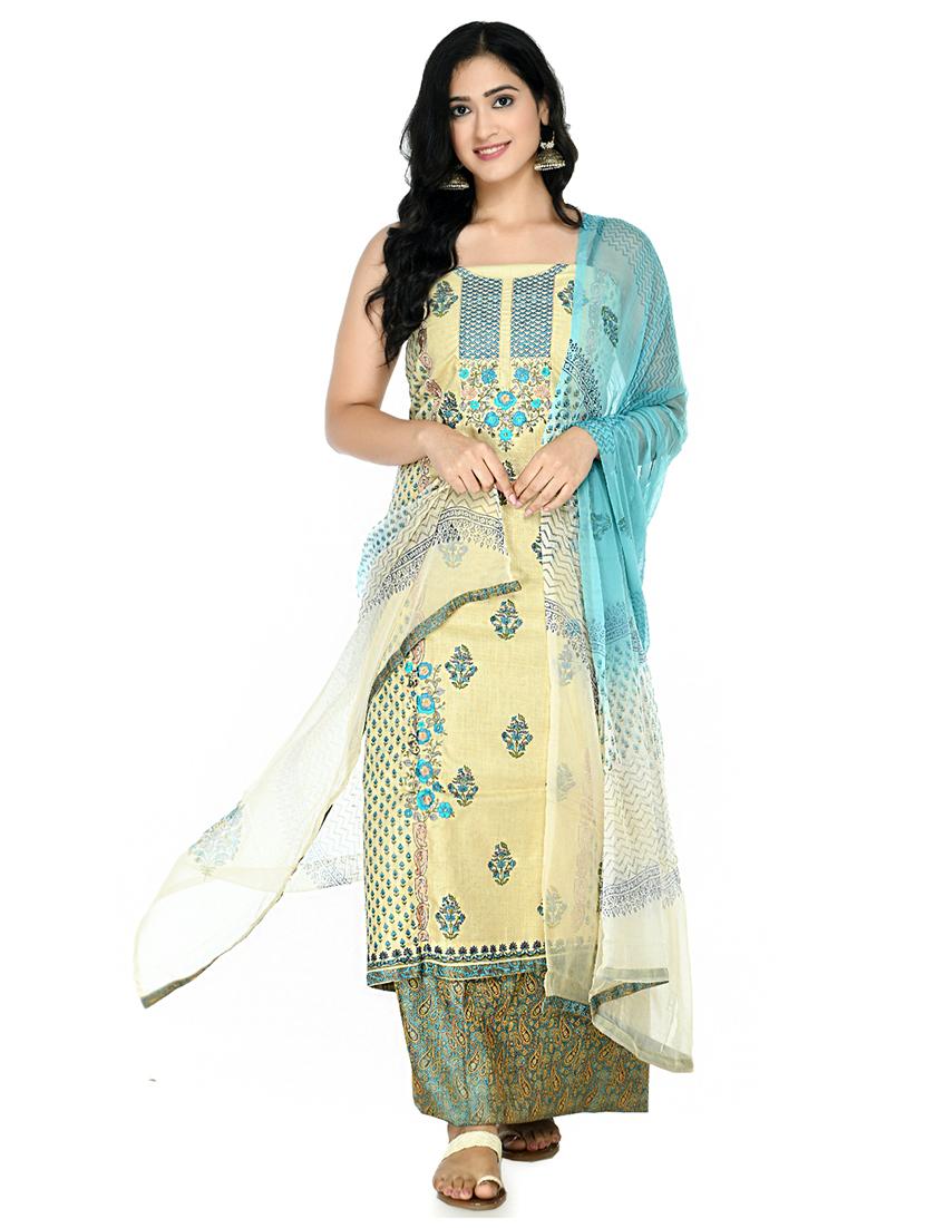 blue cotton blend unstitched suit - 18269395 -  Zoom Image - 0