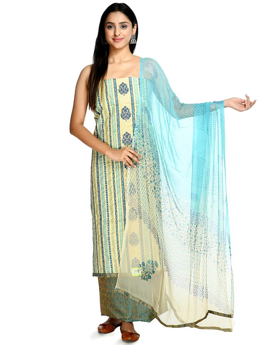 blue cotton blend unstitched suit - 18269399 - Zoom Image - 0