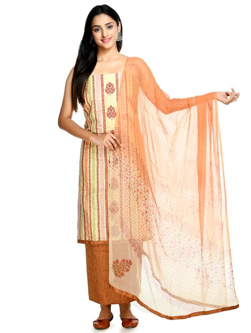 orange cotton blend unstitched suit - 18269400 - Standard Image - 0