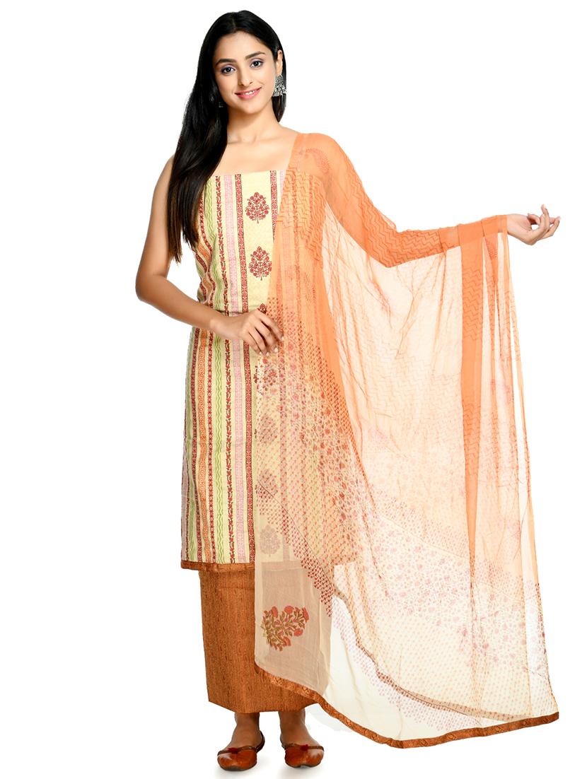 orange cotton blend unstitched suit - 18269400 - Zoom Image - 0
