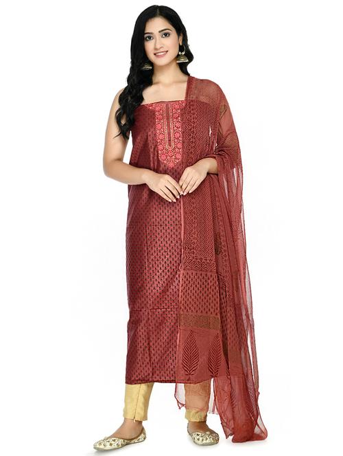 maroon cotton blend unstitched suit - 18269421 - Standard Image - 0