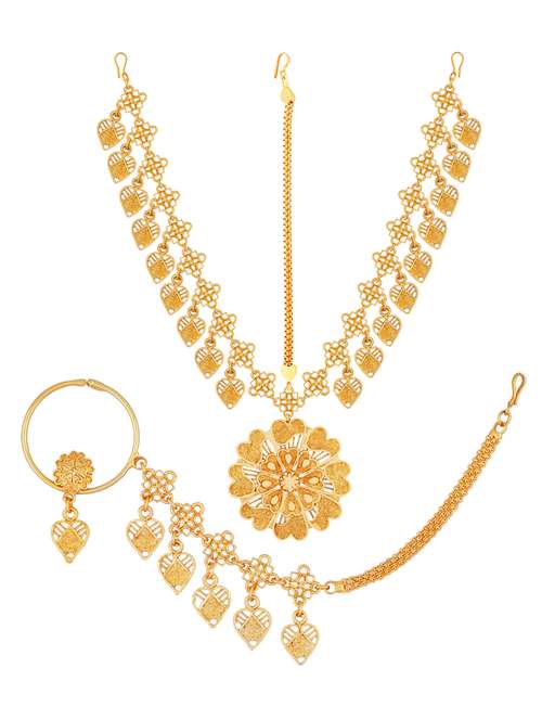 gold plated necklace nath and maang tikka set