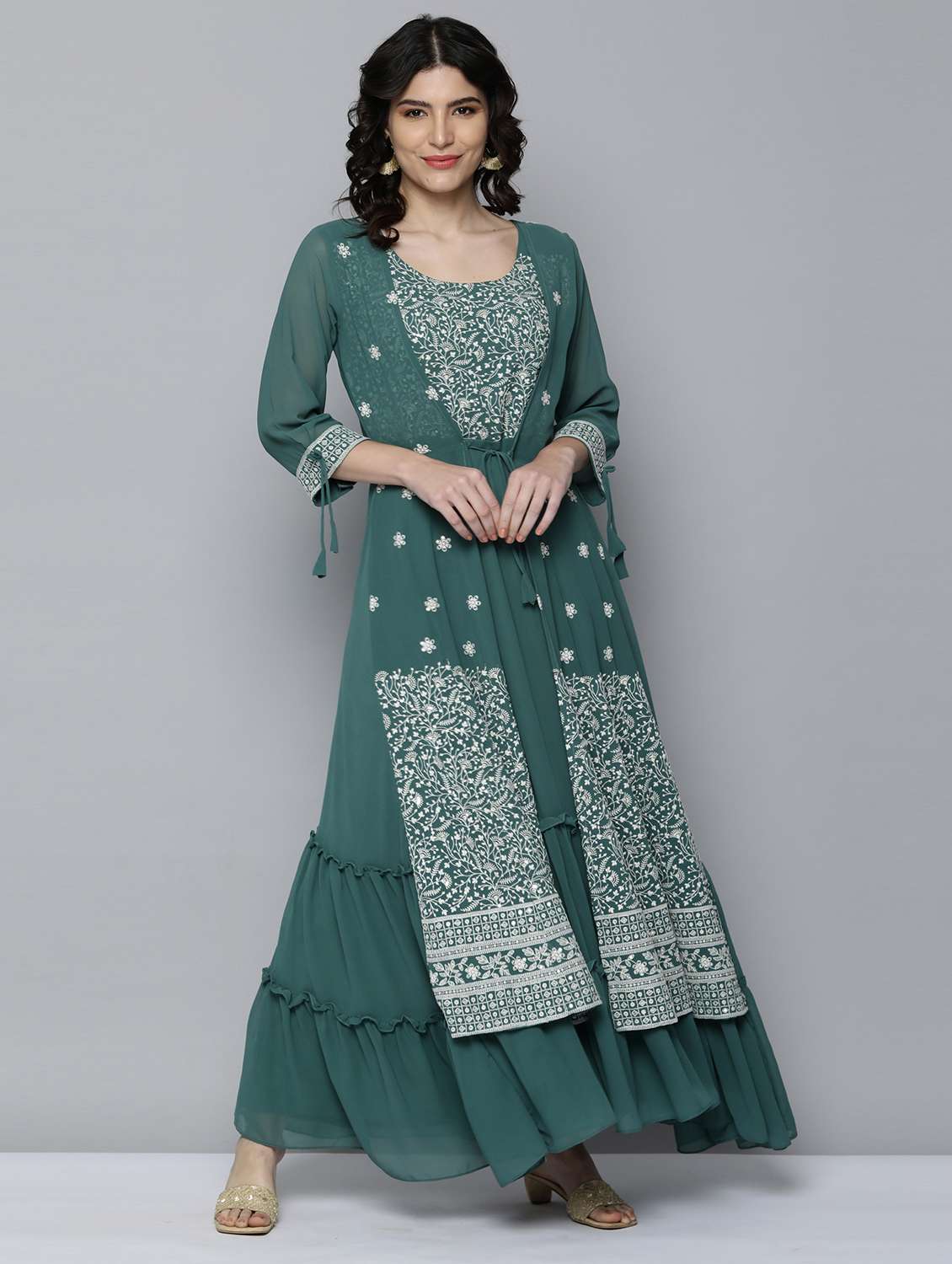 green georgette layered ethnic dress