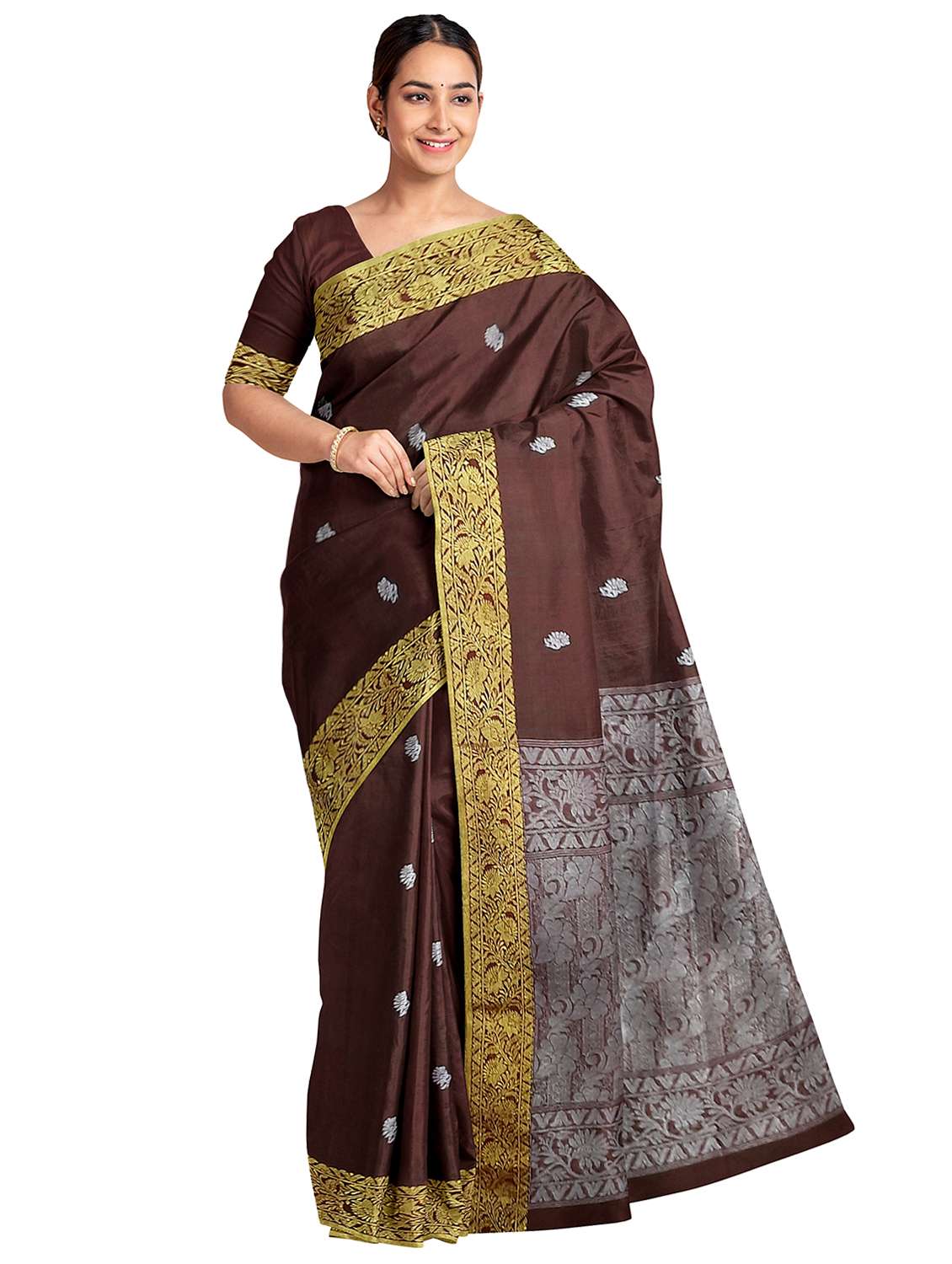 brown linen handloom saree with blouse - 18273713 -  Zoom Image - 0