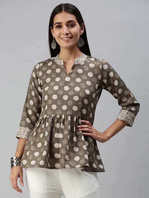 mandarin neck printed top - 18274837 - Standard Image - 0