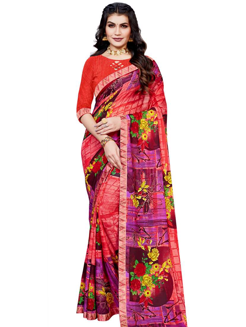 women's floral pink colored saree with blouse