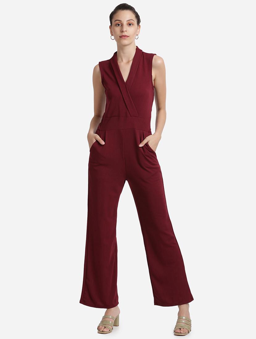 overlap neck solid full leg jumpsuit - 18276749 - Zoom Image - 0