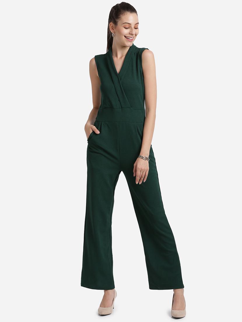 overlap neck solid full leg jumpsuit - 18276750 - Zoom Image - 0
